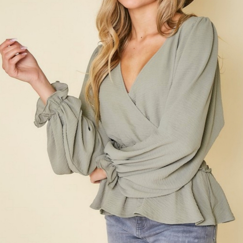 Smocked Waist Olive Long Sleeve Surplice Top